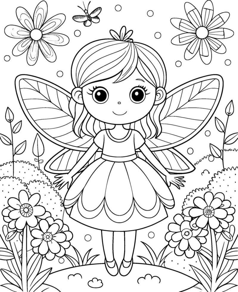 Coloring Page for Kids - Fairy in a Garden - Black and White Line Art vector