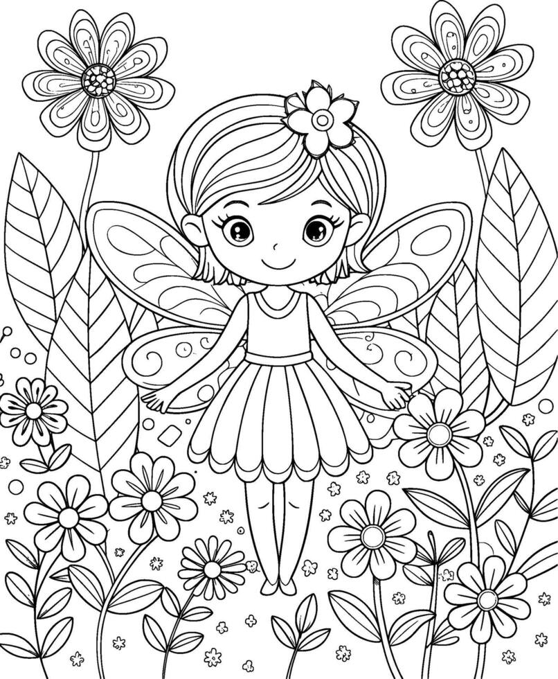 Coloring Page for Kids - Fairy in a Flower Field - Black and White Line Art vector