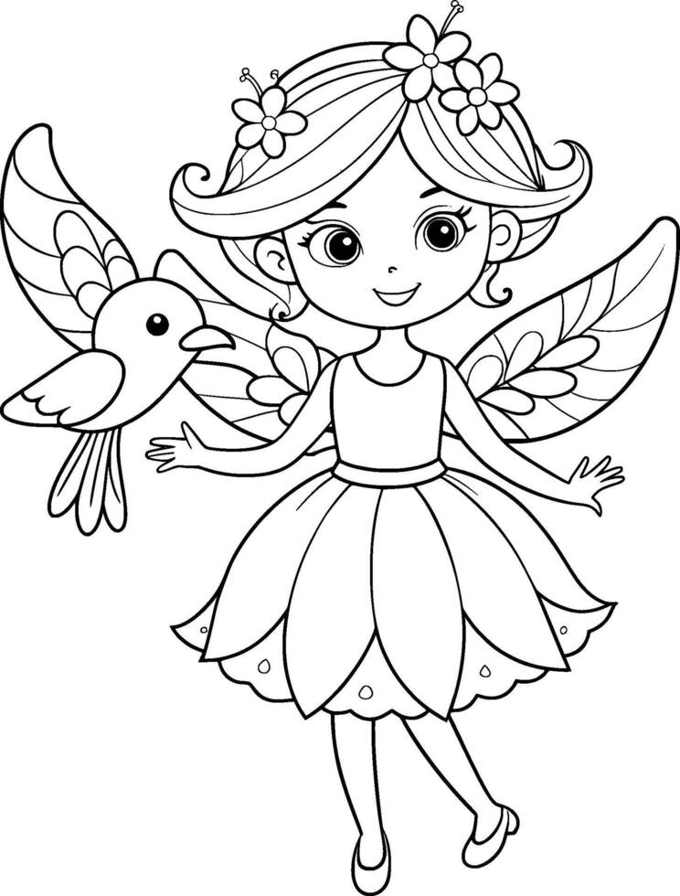 Coloring Page for Kids - Fairy with a Bird - Black and White Line Art vector