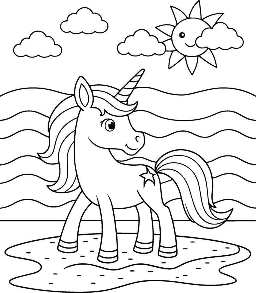 Coloring Page for Kids - Unicorn on the Beach - Black and White Line Art vector