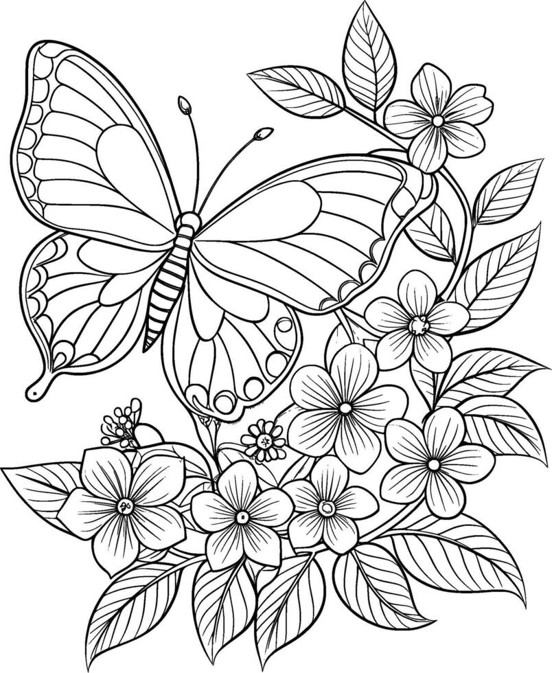 Colouring Page for Kids - Butterfly and Jasmine - Black and White Line Art vector