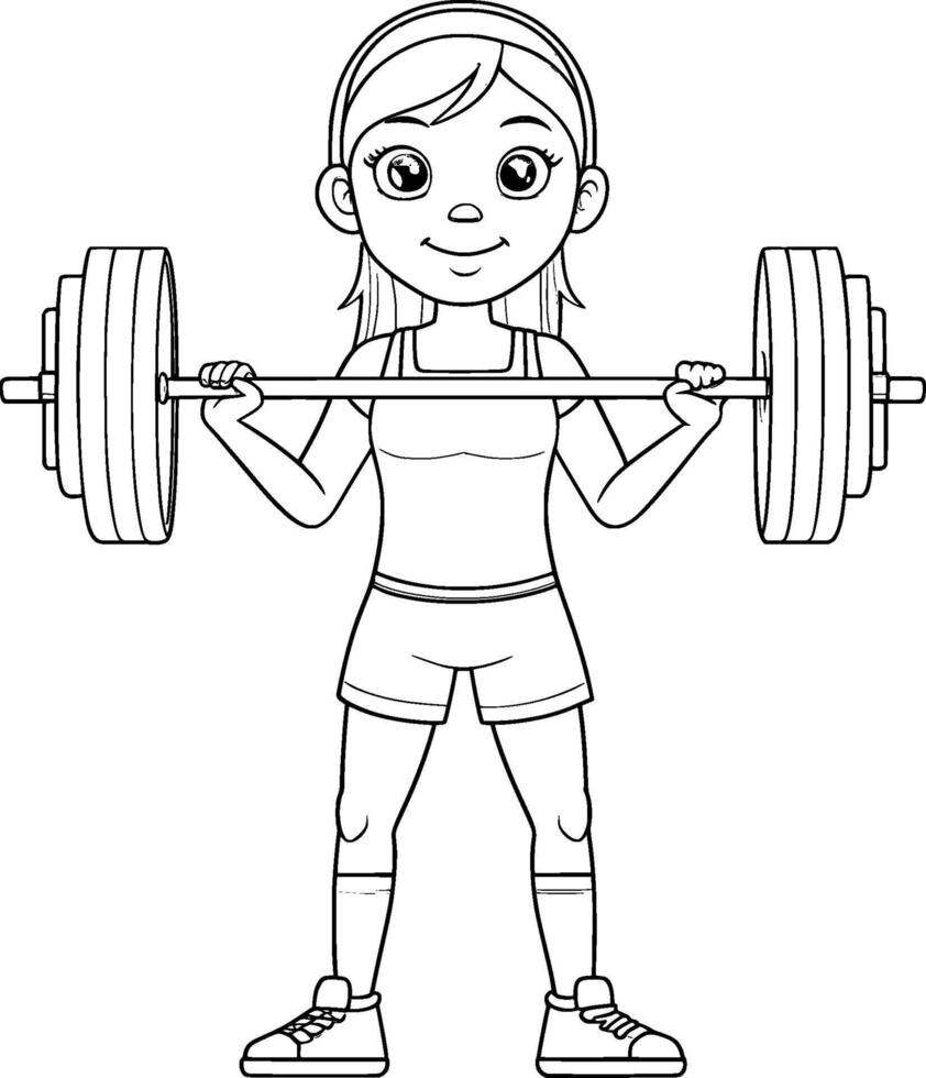 Coloring Page for Kids - Teenage Girl Powerlifting - Black and White Line Art vector