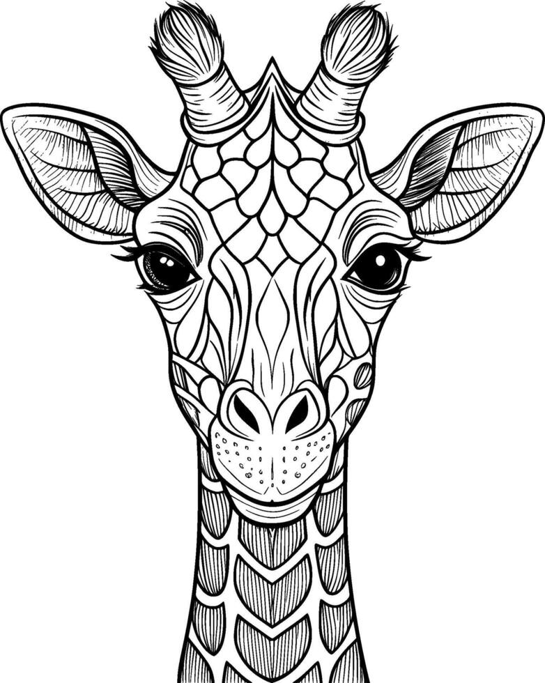 Coloring Page for Kids - Giraffe Portrait - Black and White Line Art vector