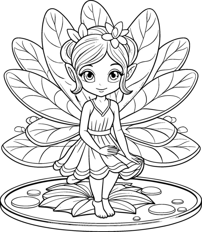 Coloring Page for Kids - Fairy on a Lily Pad - Black and White Line Art vector