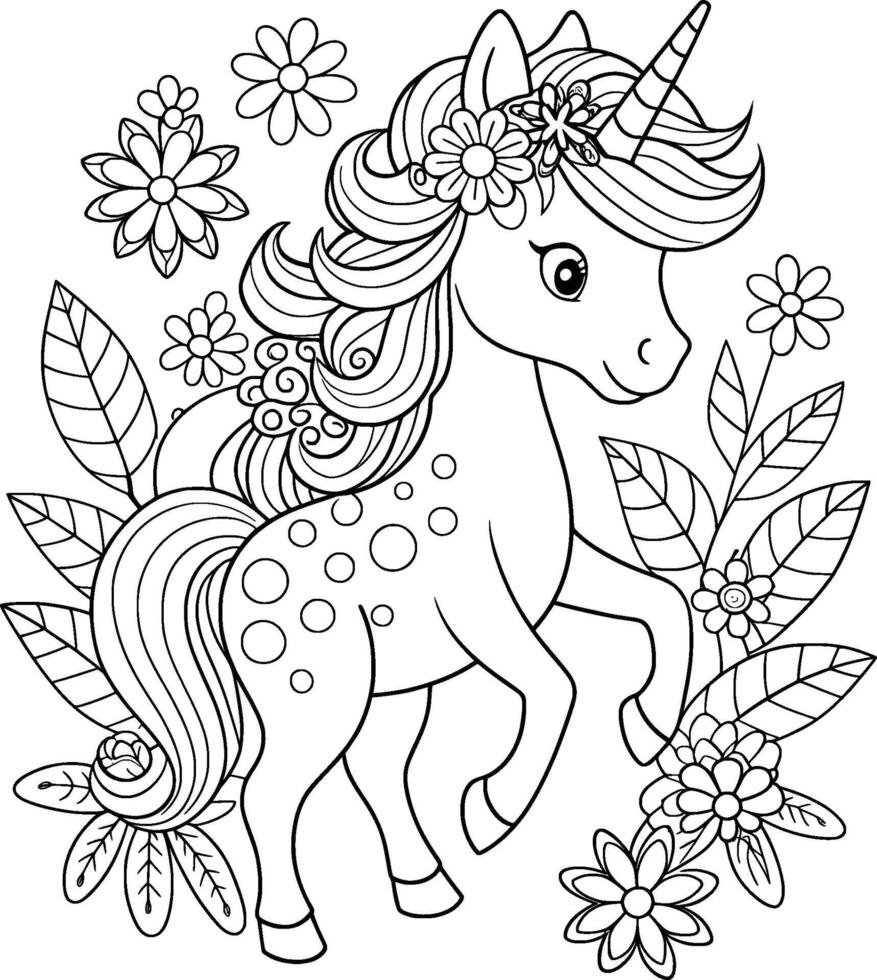 Coloring Page for Kids - Unicorn with Flowers - Black and White Line Art vector