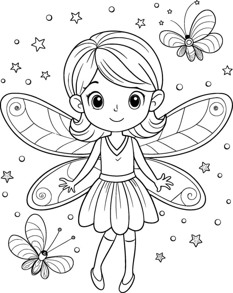 Coloring Page for Kids - Fairy with Fireflies - Black and White Line Art vector