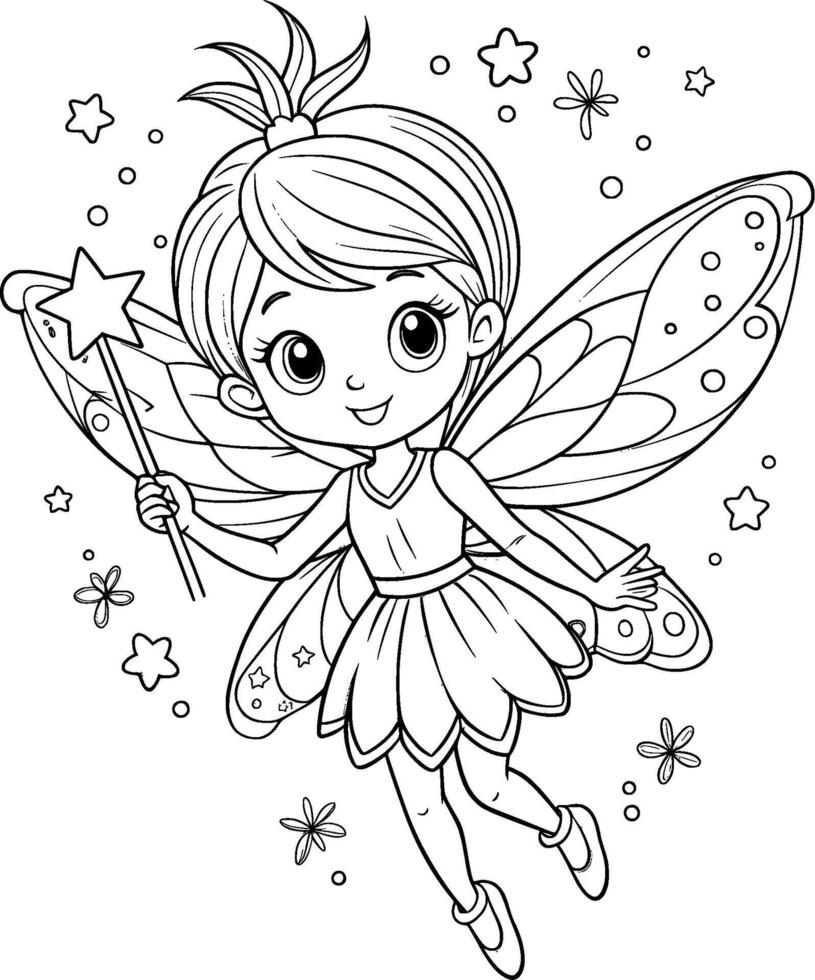 Coloring Page for Kids - Fairy Playing with Pixie Dust - Black and White Line Art vector