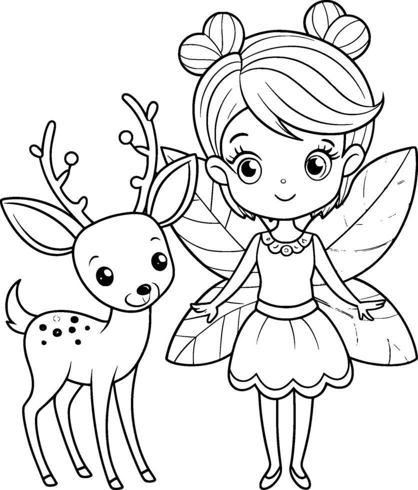 Coloring Page for Kids - Fairy with a Deer - Black and White Line Art vector