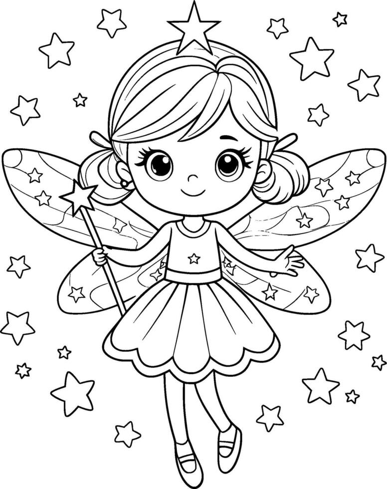 Coloring Page for Kids - Fairy with Stars - Black and White Line Art vector