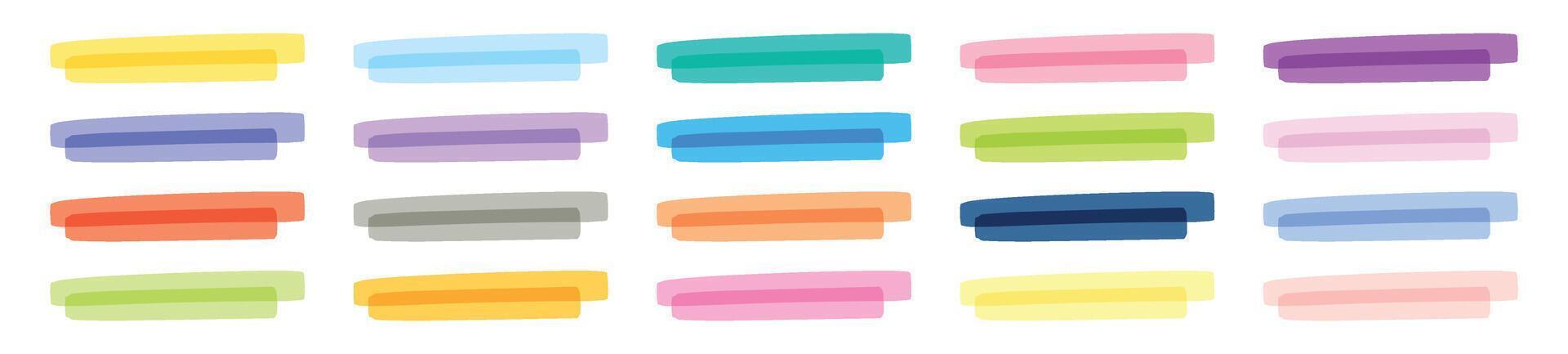 Colorful marker highlights and pen underlines with brush strokes. Text lines and doodle marks. Hand drawn highlight elements. Flat illustration isolated on white background. vector