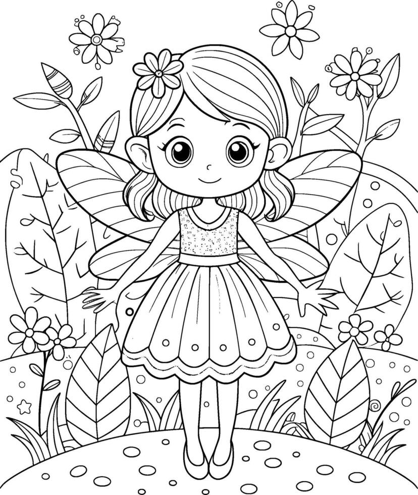 Coloring Page for Kids - Fairy in an Enchanted Forest - Black and White Line Art vector
