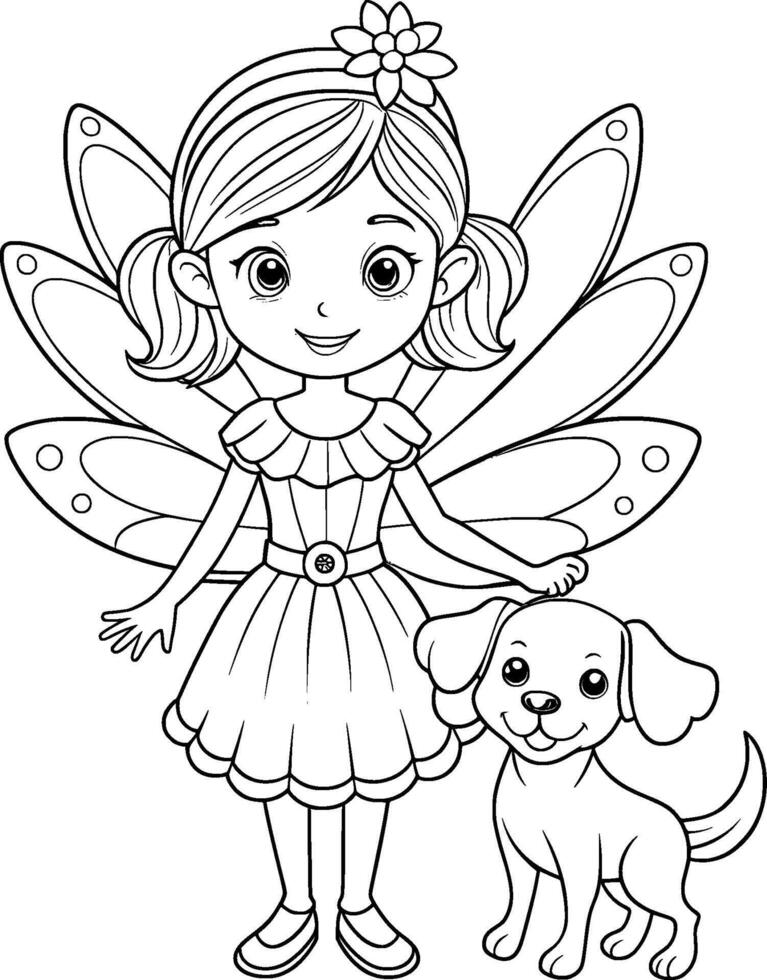Coloring Page for Kids - Fairy with a Dog - Black and White Line Art vector