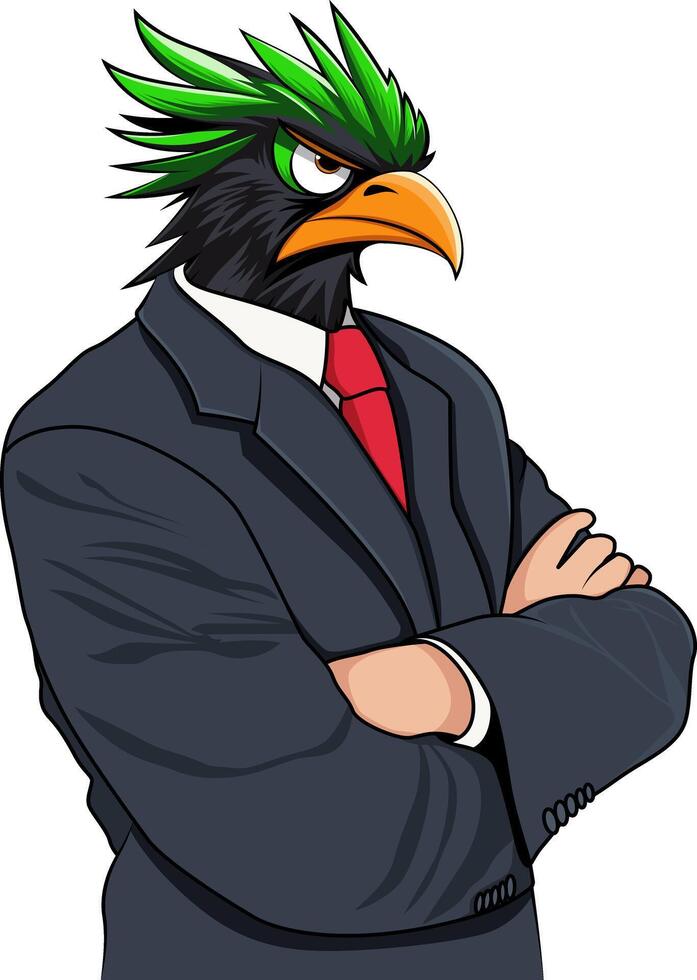 Angry Crow Cartoon Character with Suit and Tie and Neon Green Mane on its head, Illustration. vector