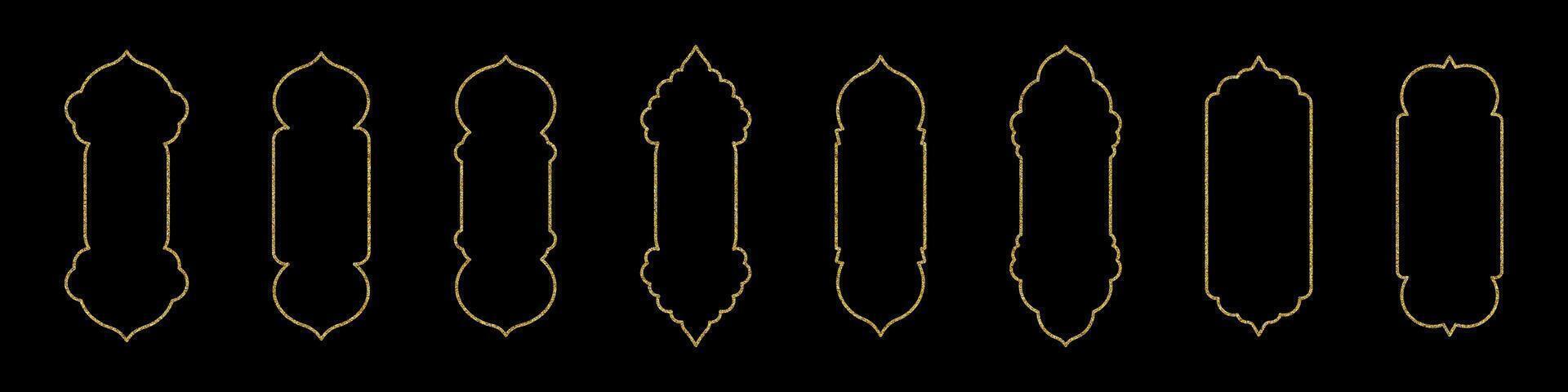Islamic arch shape with intricate arabesque pattern. Golden frame design for Indian inspired Ramadan door and window. Flat illustration isolated on white background. vector