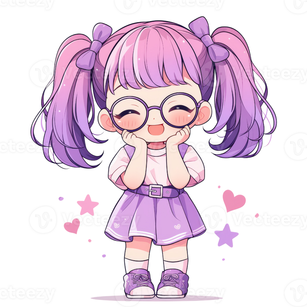 Cute little girl with pink hair and glasses. png