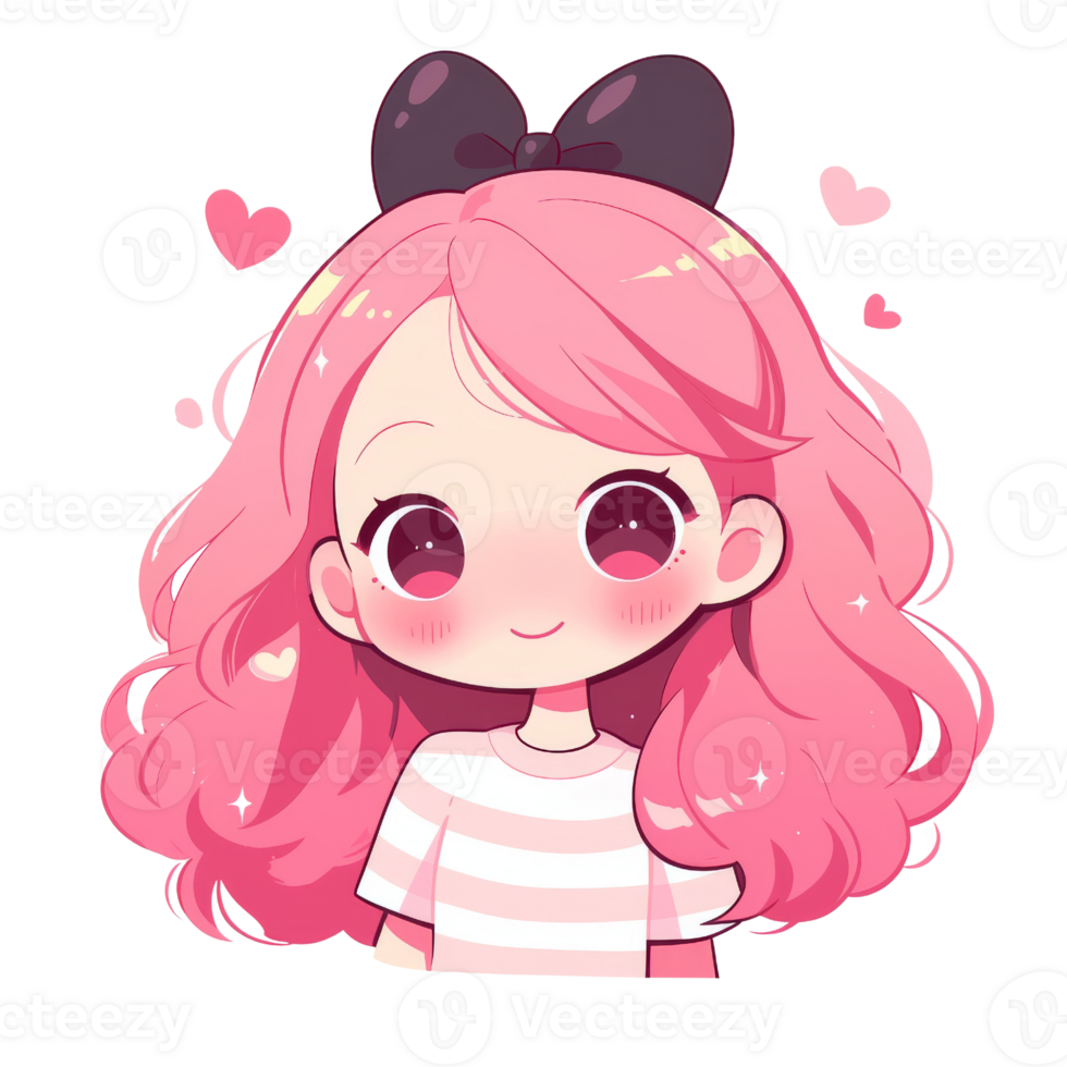 Cute cartoon girl with pink hair. illustration isolated on transparent background. png