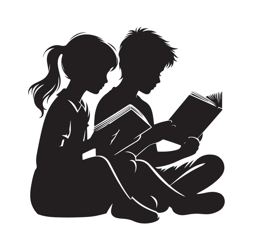 boy and girl reading book silhouette illustration collection vector