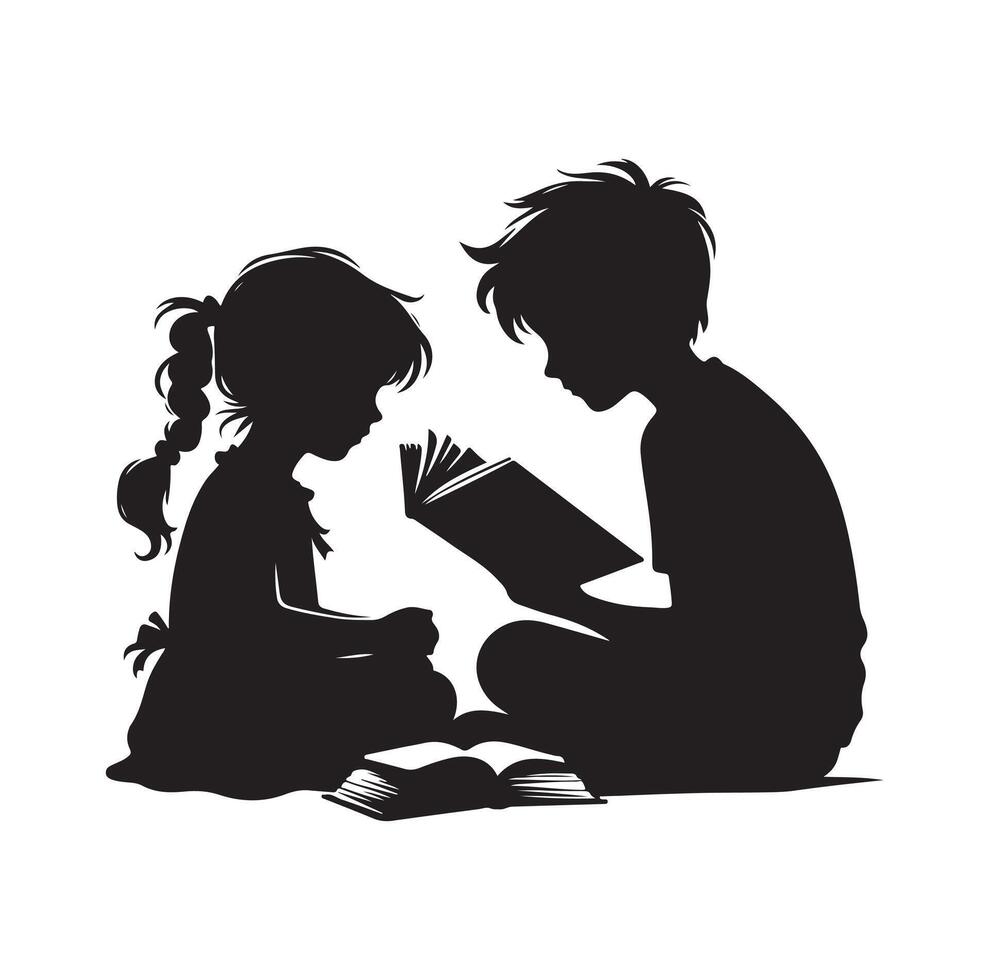 boy and girl reading book silhouette illustration collection vector