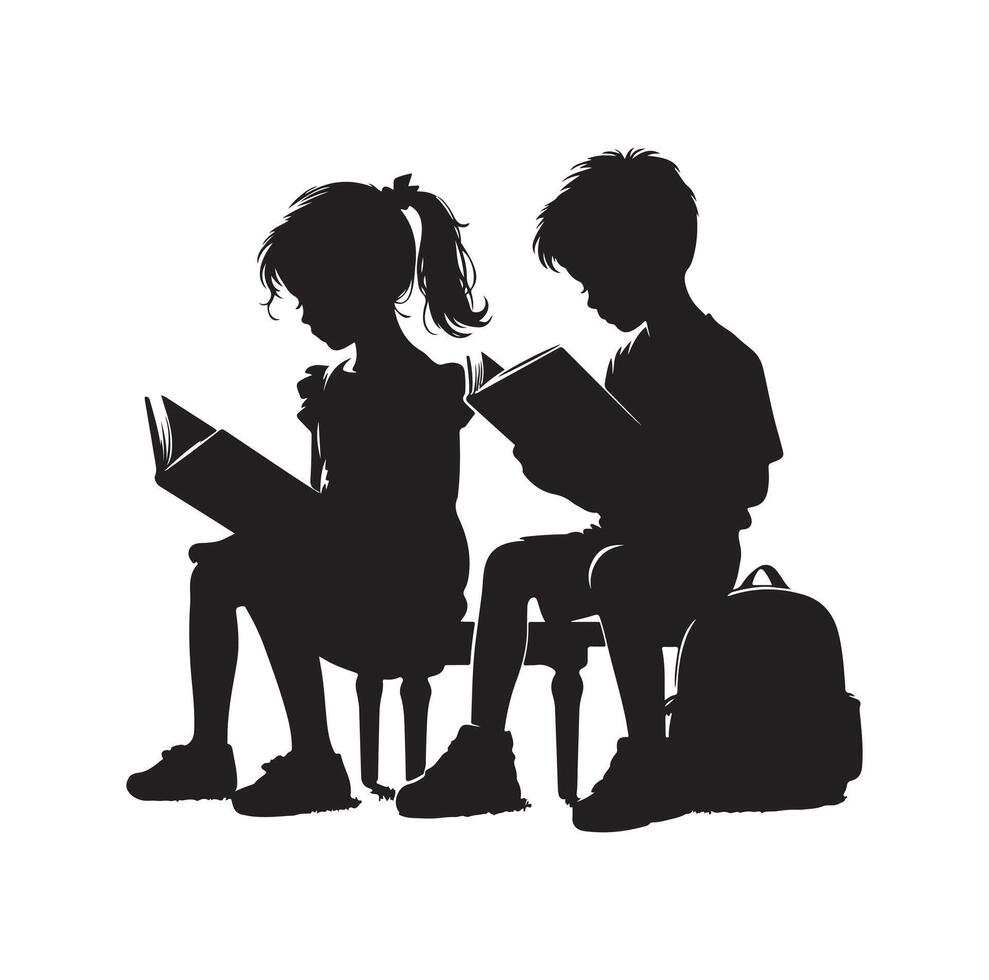 boy and girl reading book silhouette illustration collection vector