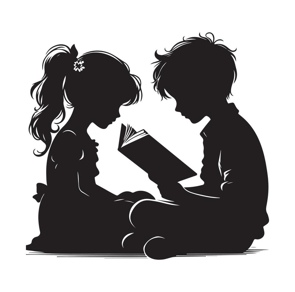 boy and girl reading book silhouette illustration collection vector