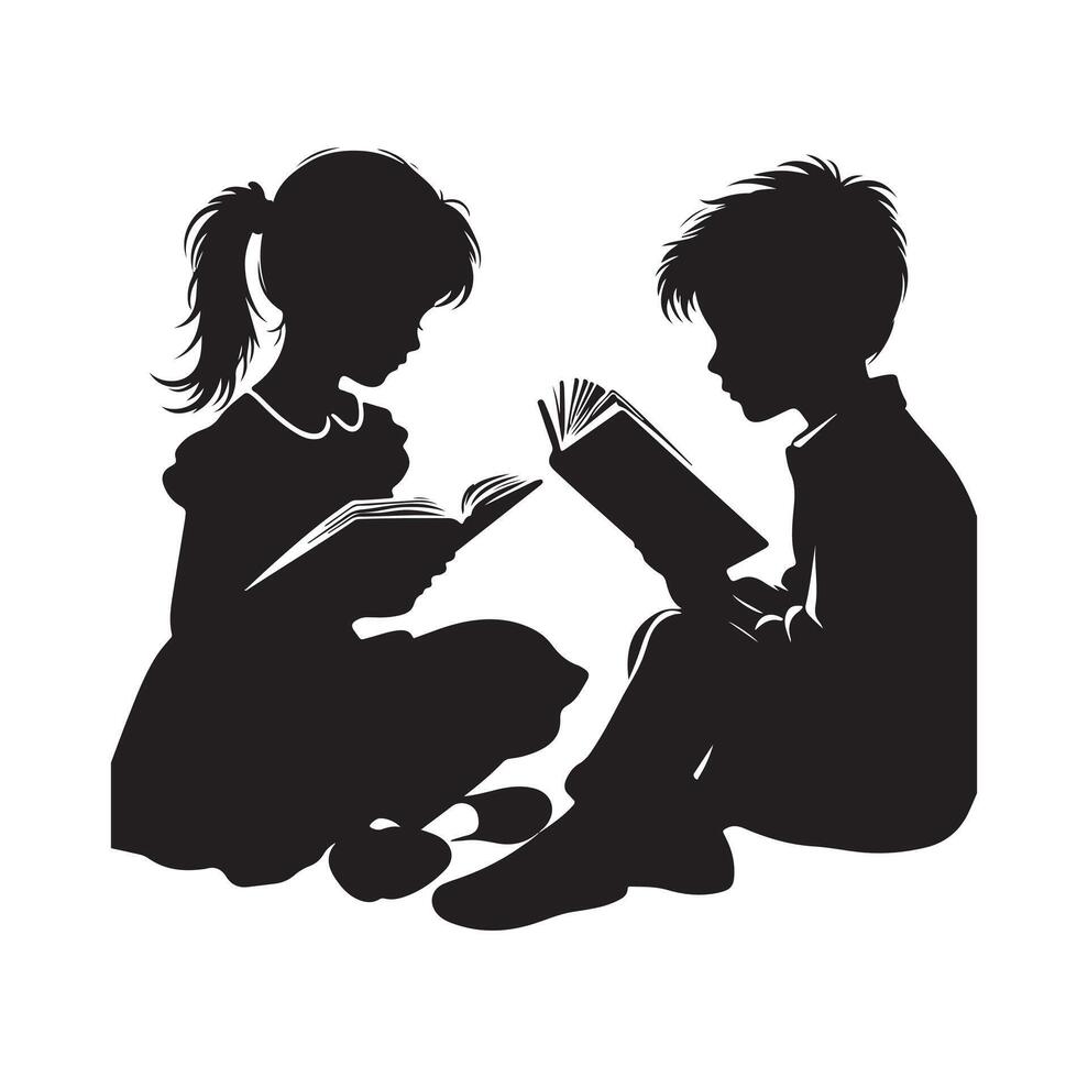 boy and girl reading book silhouette illustration collection vector