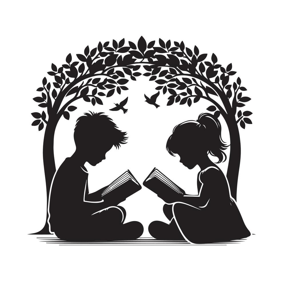 boy and girl reading book silhouette illustration collection vector