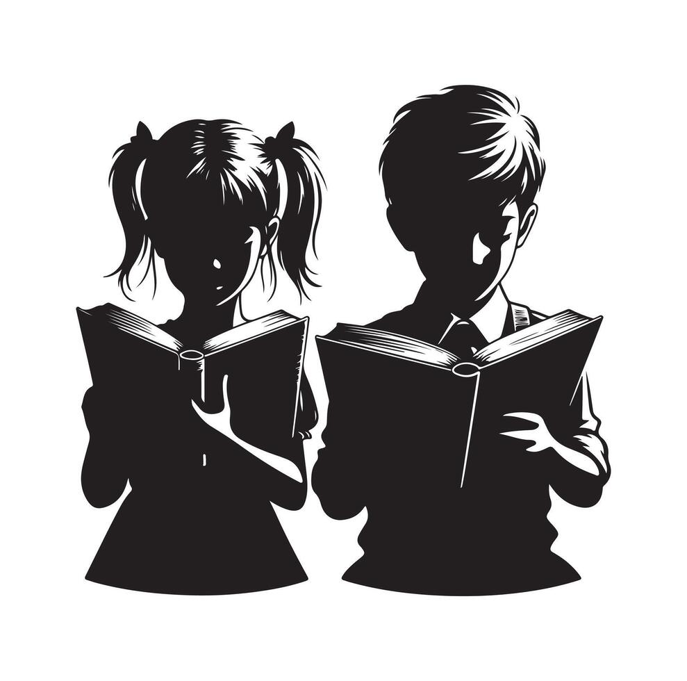 boy and girl reading book silhouette illustration collection vector
