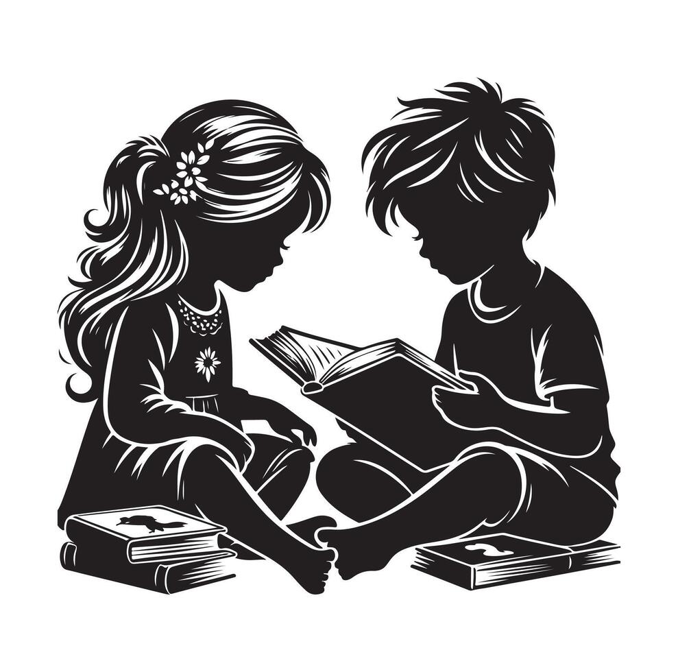 boy and girl reading book silhouette illustration collection vector