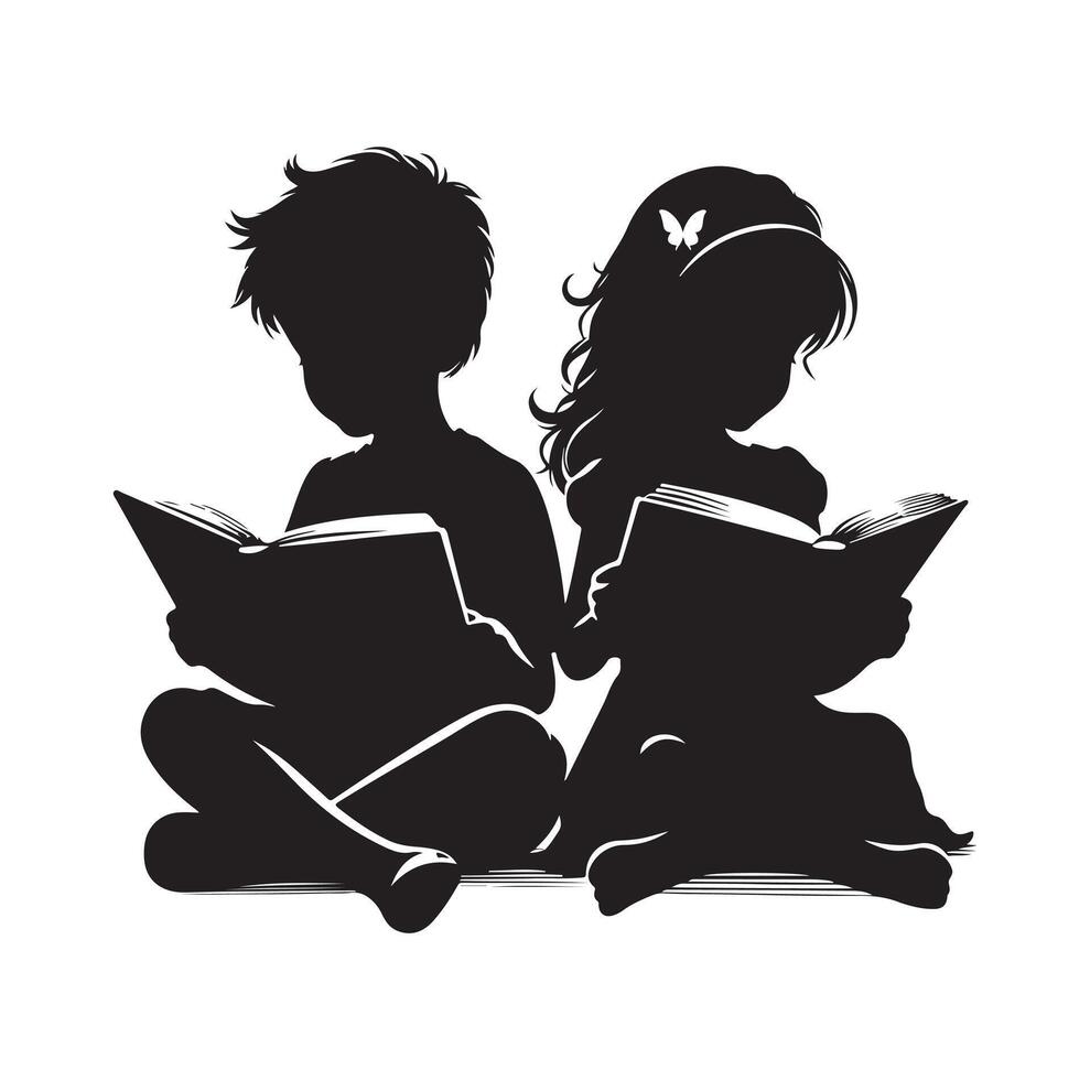 boy and girl reading book silhouette illustration collection vector