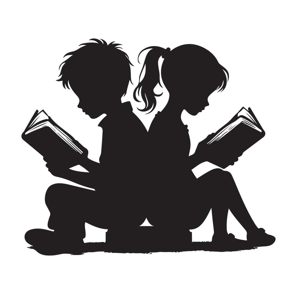 boy and girl reading book silhouette illustration collection vector