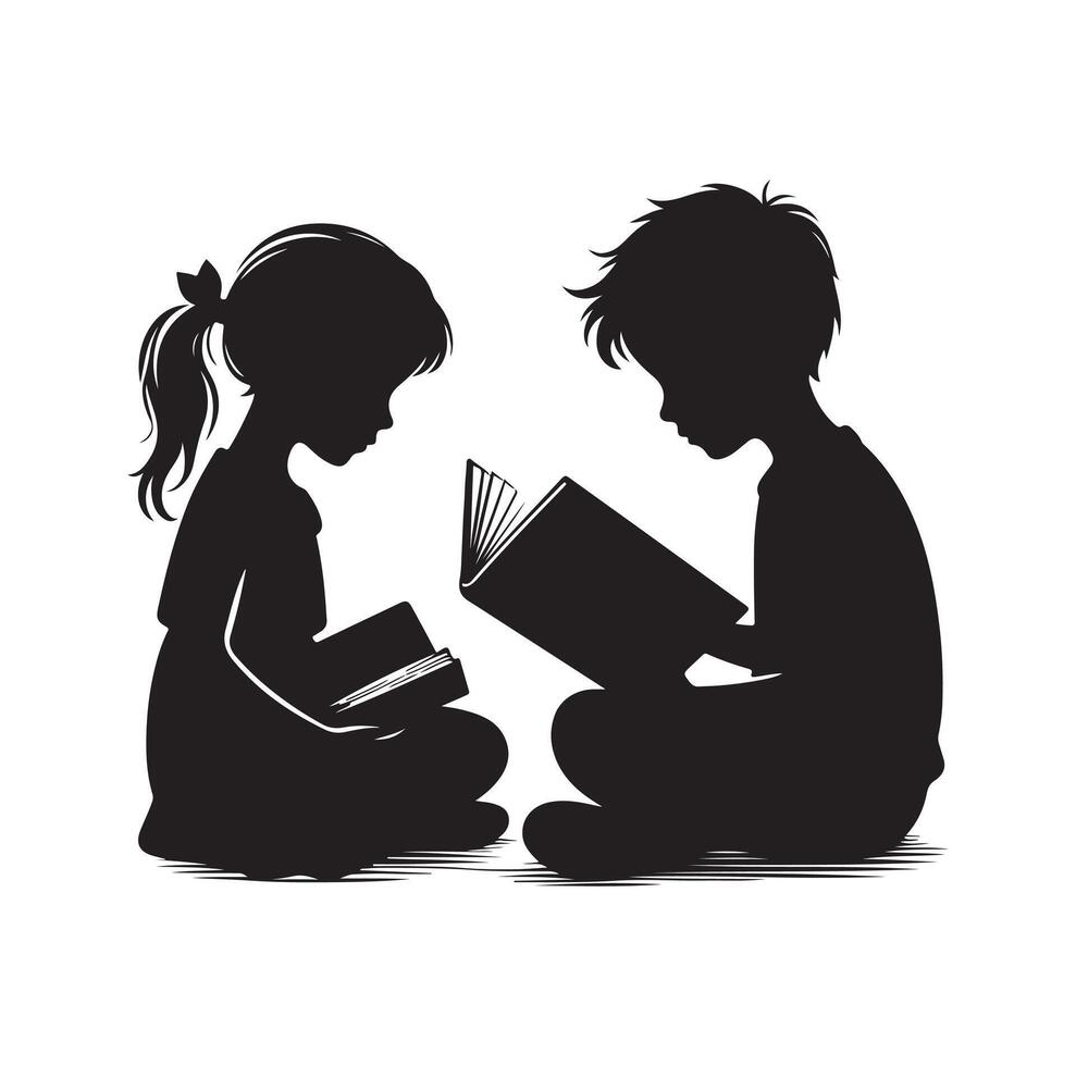 boy and girl reading book silhouette illustration collection vector