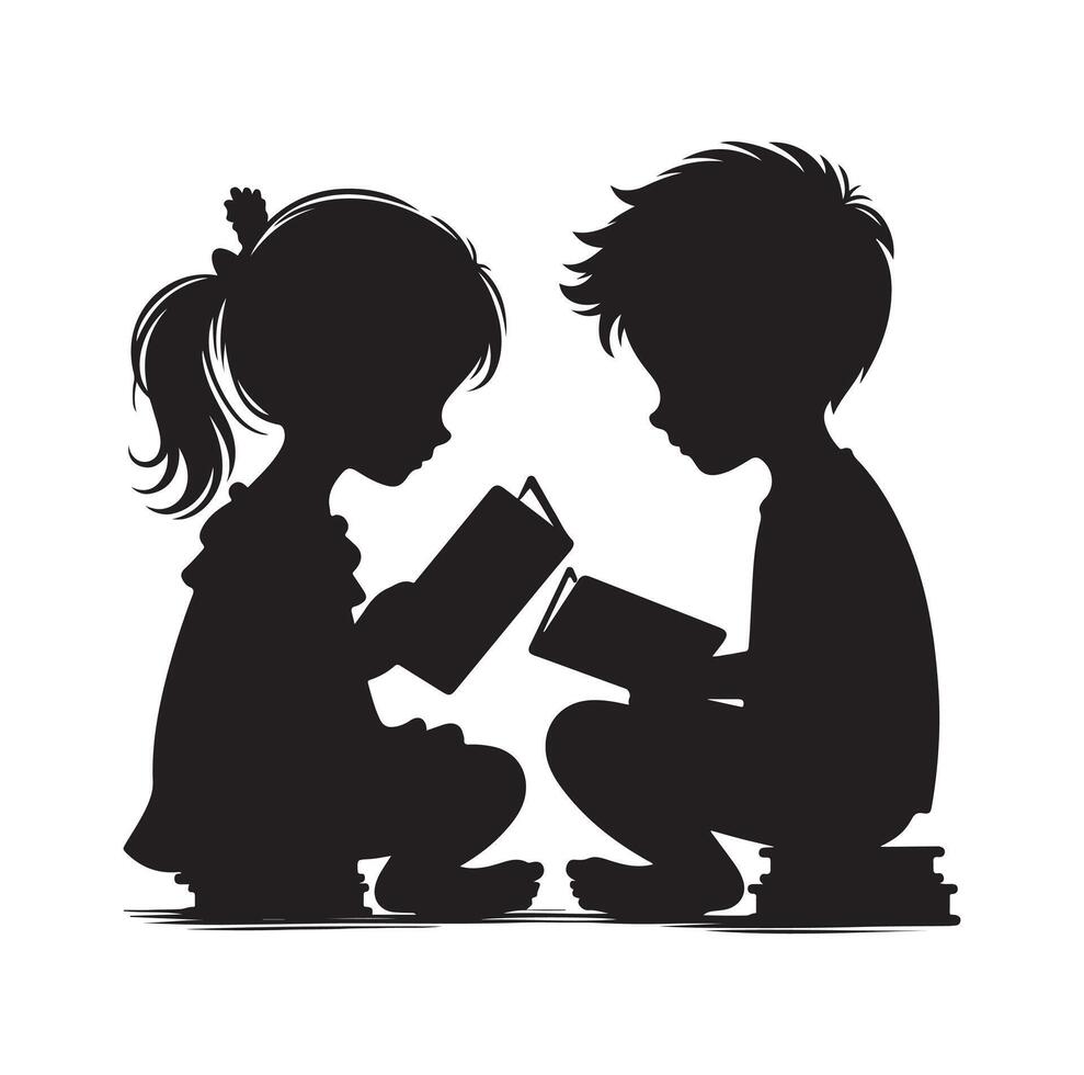boy and girl reading book silhouette illustration collection vector