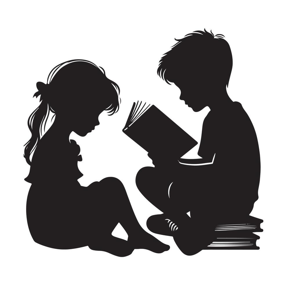 boy and girl reading book silhouette illustration collection vector