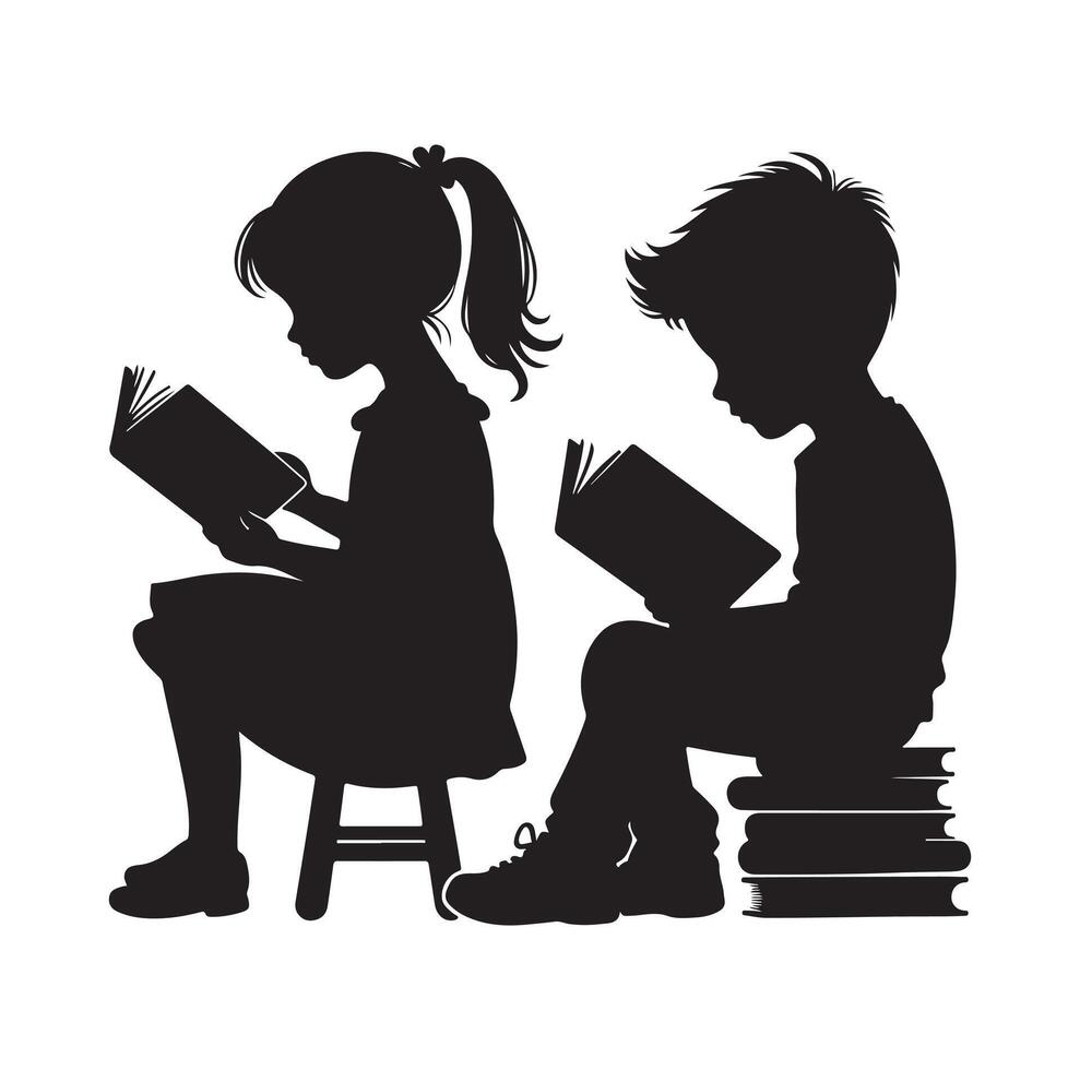 boy and girl reading book silhouette illustration collection vector