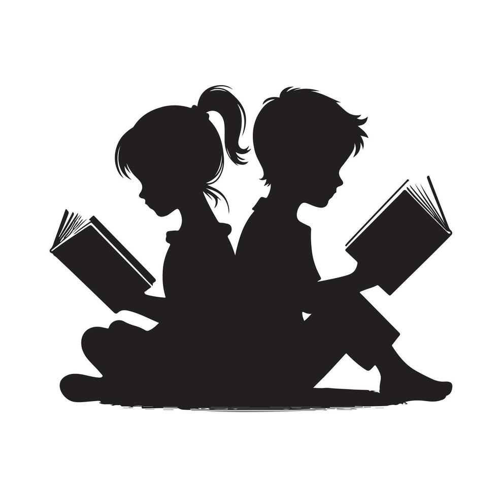 boy and girl reading book silhouette illustration collection vector
