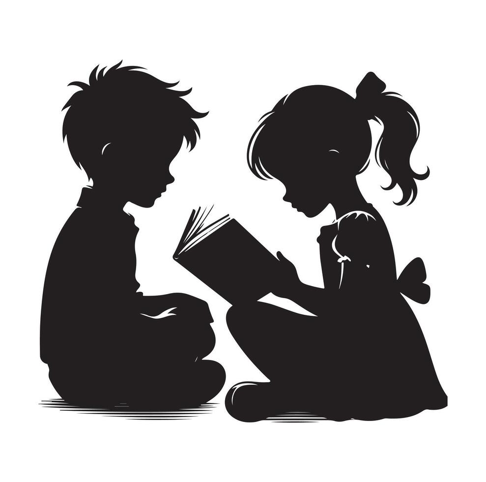 boy and girl reading book silhouette illustration collection vector