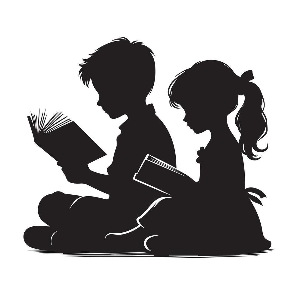 boy and girl reading book silhouette illustration collection vector