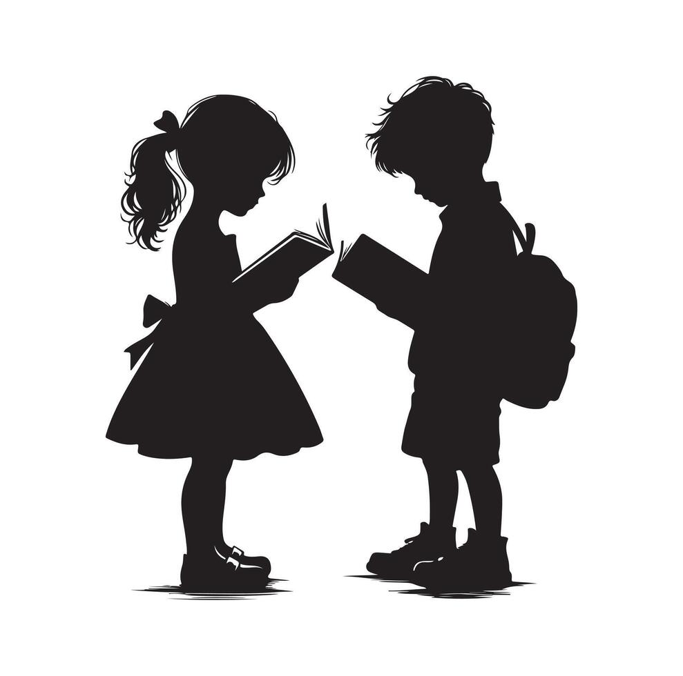 boy and girl reading book silhouette illustration collection vector