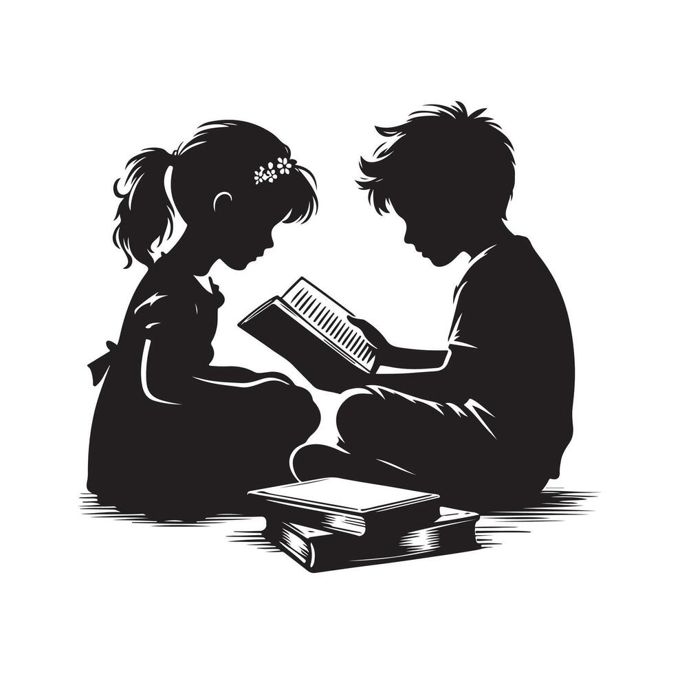 boy and girl reading book silhouette illustration collection vector