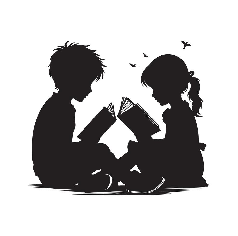 boy and girl reading book silhouette illustration collection vector