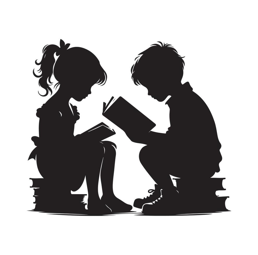 boy and girl reading book silhouette illustration collection vector