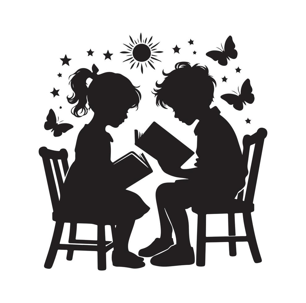 boy and girl reading book silhouette illustration collection vector