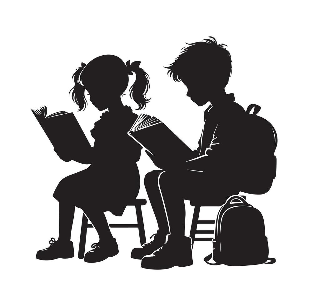 boy and girl reading book silhouette illustration collection vector