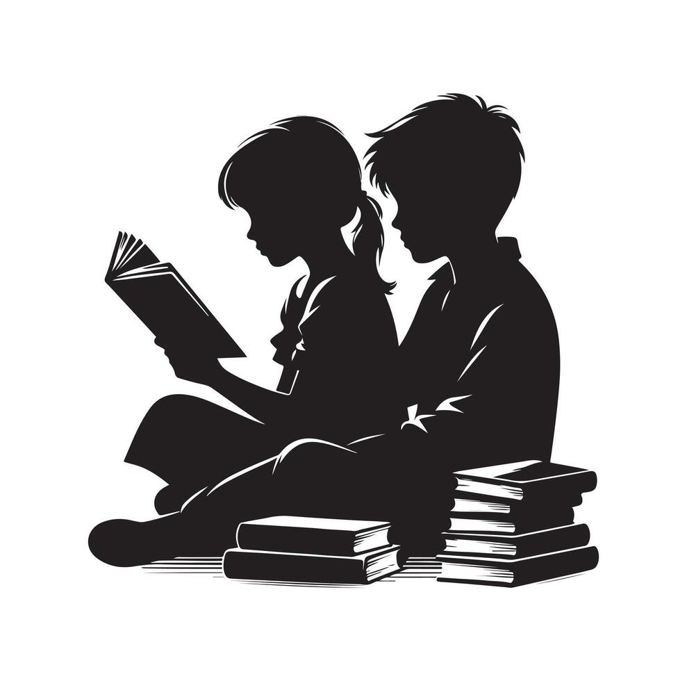 boy and girl reading book silhouette illustration collection vector