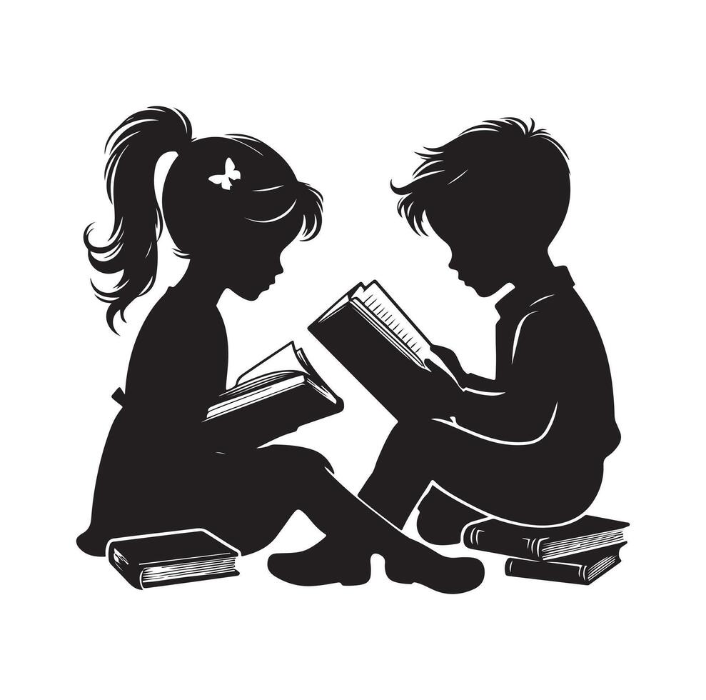 boy and girl reading book silhouette illustration collection vector
