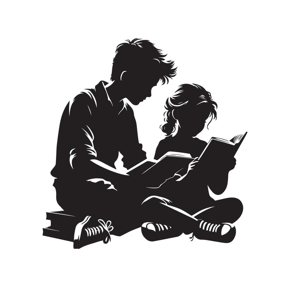boy and girl reading book silhouette illustration collection vector