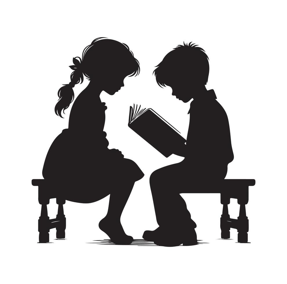 boy and girl reading book silhouette illustration collection vector