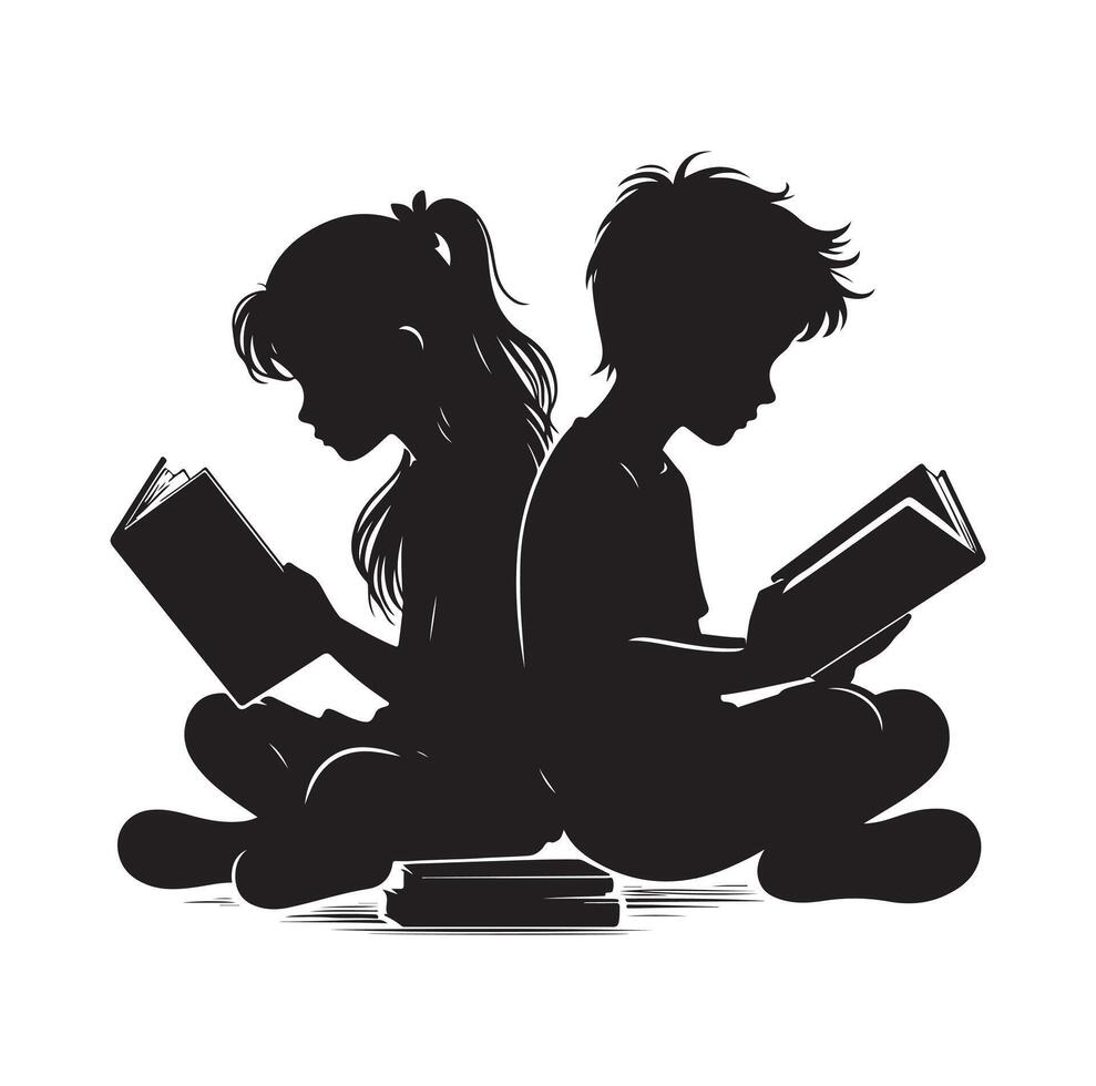 boy and girl reading book silhouette illustration collection vector