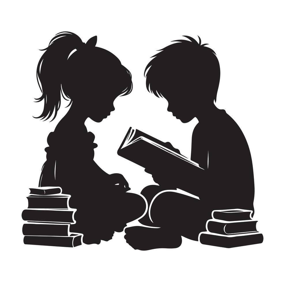 boy and girl reading book silhouette illustration collection vector