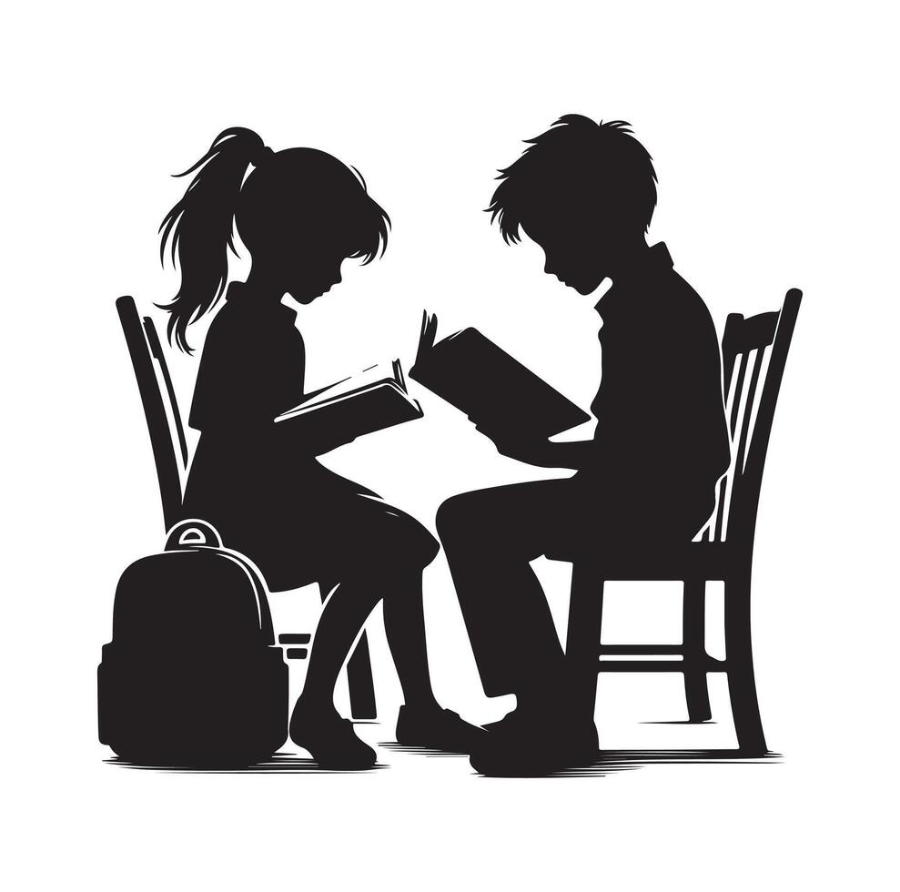 boy and girl reading book silhouette illustration collection vector